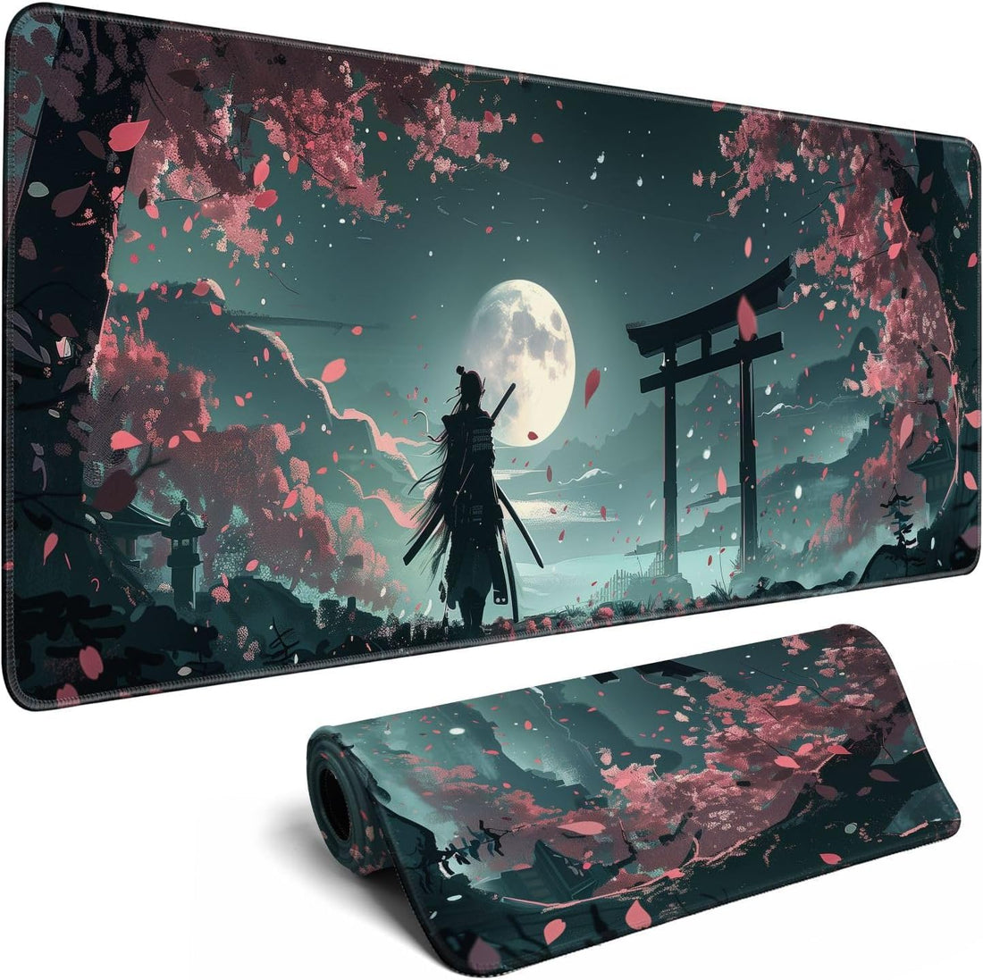 Japanese Full Moon Samurai Gaming Mouse Pad (70× 30cm) for Keyboard and Mouse Desk Mat – Anti Slip Rubber Base – Stitched Edges – Waterproof – Speed Edition