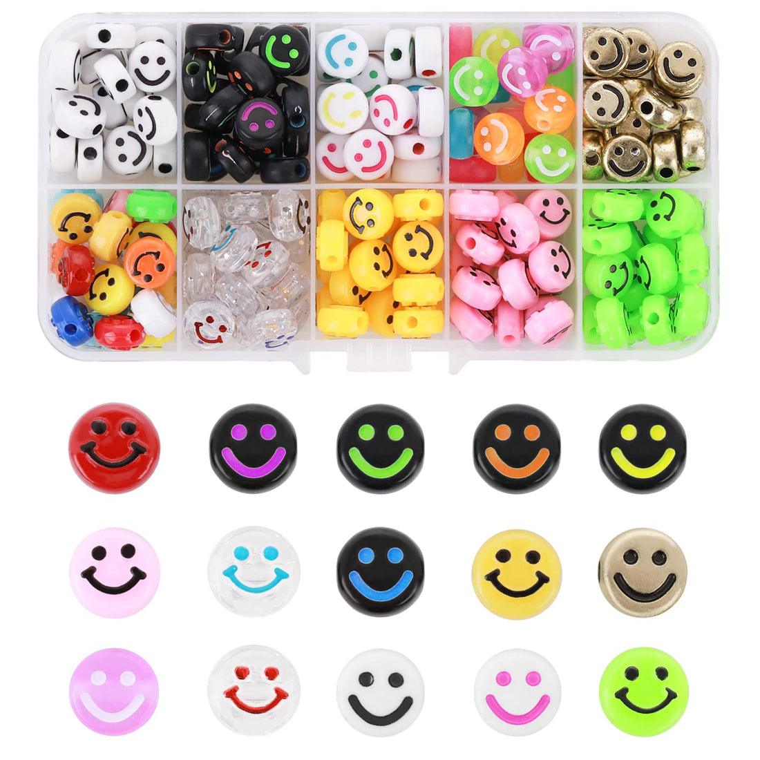 Abeillo 200PCS Smiley Face Beads Kit with Crystal String, 10mm Happy Face Loose Spacer Beads Cute Smiley Preppy Flat Round Beads Colorful Smiley Face Charms for DIY Bracelet Jewelry Making