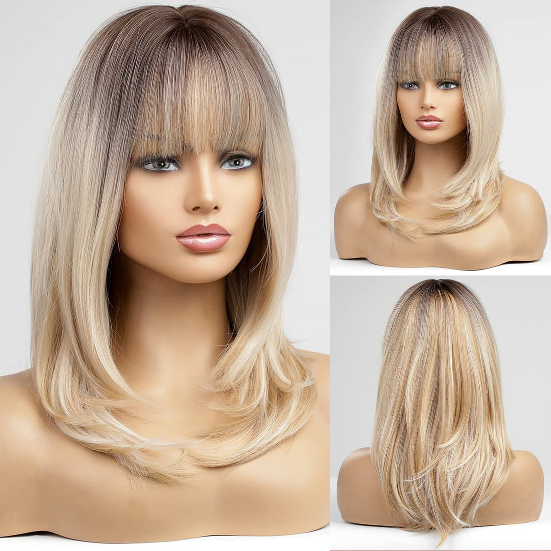 ECIF Ombre Blonde Wigs For Women, Shoulder-Length Wig With Bangs Synthetic Hair Layered Wigs Heat Resistant Fibre