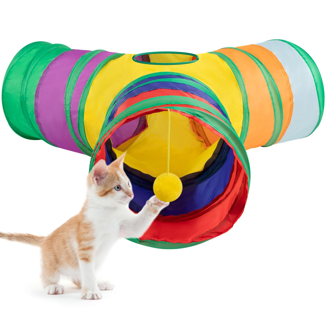 Pet Cat Tunnels Tube Toys, Cat Tunnels for Indoor, Collapsible Large 3 Way Rabbit Tunnel, Small Animal Tubes & Tunnels, Bunny Puppy Tunnel with Hanging Balls Toy (Rainbow)