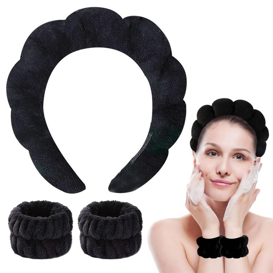 Spa Headband for Women, 1 Pcs Sponge Spa Headband, 2 Pcs Wrist Washband, Makeup Headband for Washing Face Hair Band Skincare Headbands for SPA Shower Sponge Headbands Wristbands (Black)