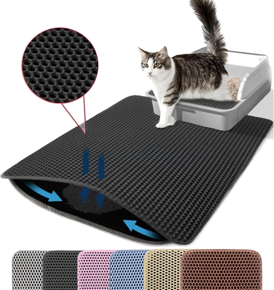 Cat Litter Mat, 30 x 22 Inches Extra Large Honeycomb Double Layer Cat Litter Trapping Mat, Non Slip Waterproof Urine Proof Cat Litter Box Mat, Black
