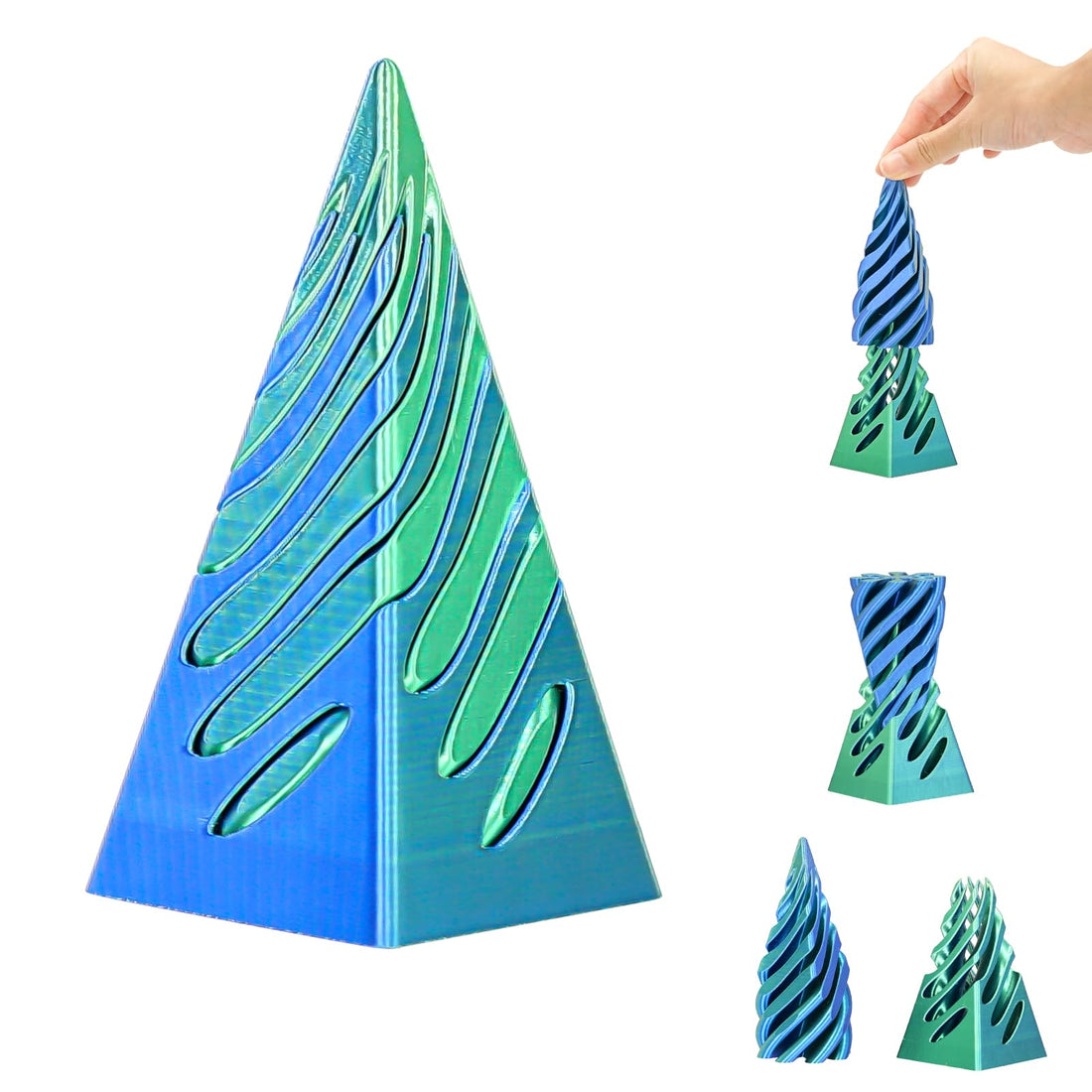 Impossible Pyramid Passthrough Sculpture, 3D Printed Spiral Cone Fidget Toys, Anxiety Relief Pass Through Pyramid Fidget Toy, Stress Relief Desk Toy Adults, Christmas, Birthday Gifts (Green Blue)