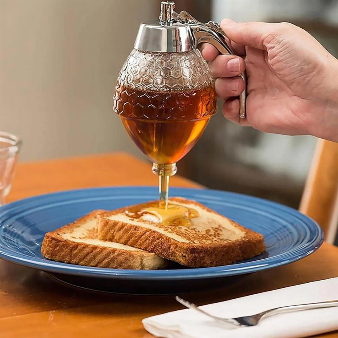 Generic Modern Honey Dispenser, 8.3*10.0*15cm/3.26*3.93*5.90" Squeeze Bottle, Clear Glass & Stainless Steel, Now Available in PRIME SHOP