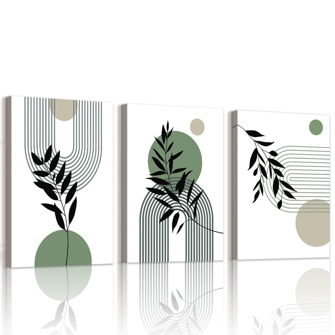 3 Panels Boho Botanical Plants Canvas Wall Art Prints Framed Pictures Beige Green Abstract Geometric Line Painting on Canvas Living Room Bedroom Home Wall Decor Ready to Hang 30x40 cmx3(90x40 cm)