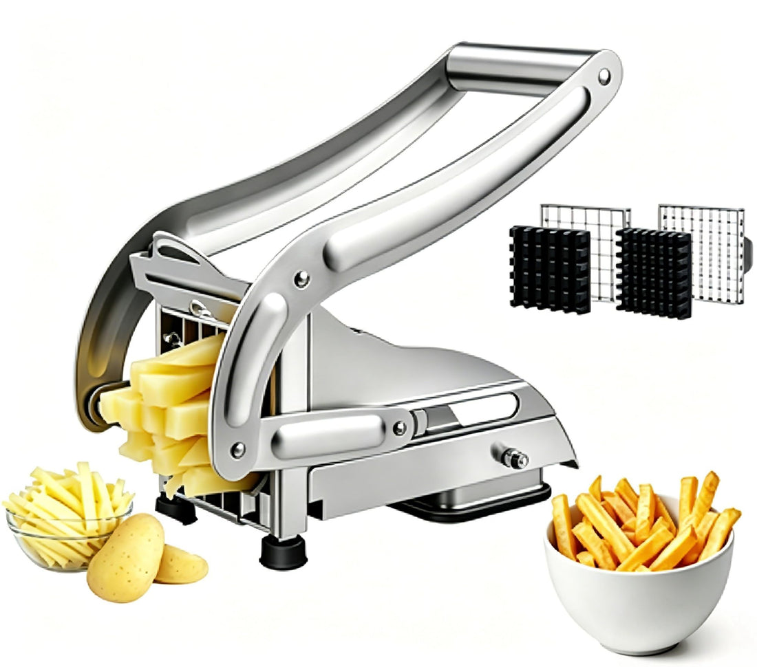 French Fry Cutter, Stainless Steel Potato Cutter, Potato Slicer, Includes 2 Blade Size Cutter Options and No-Slip Suction Base, Perfect for use with Air Fryer