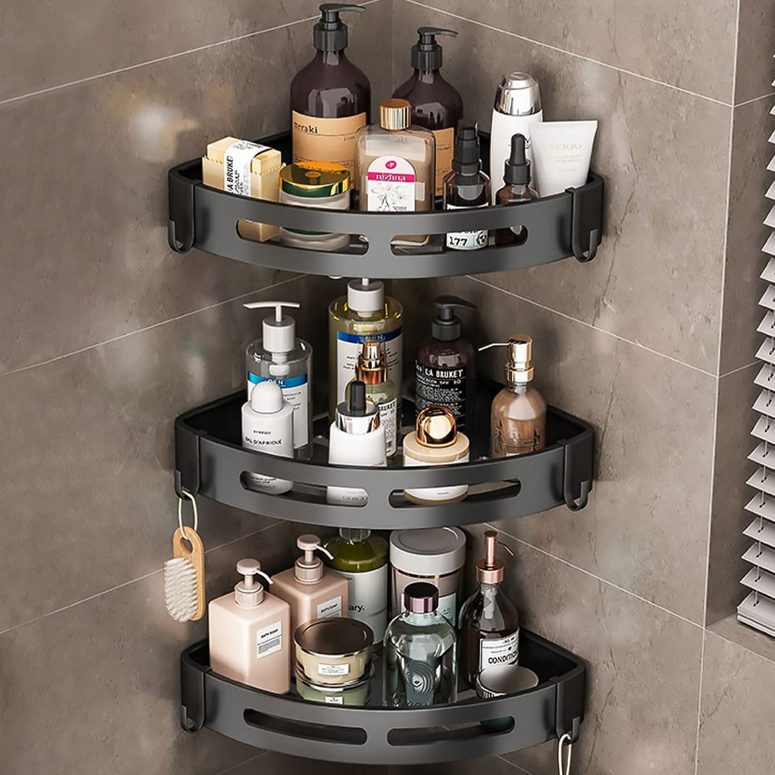 WELIKERA Bathroom Shelf No Drill, 3 Piece Corner Organizer for Bathroom, Bathroom Shelf Wall, Corner Shelf for Bathroom, Stainless Steel, with 6 Hooks (Black)