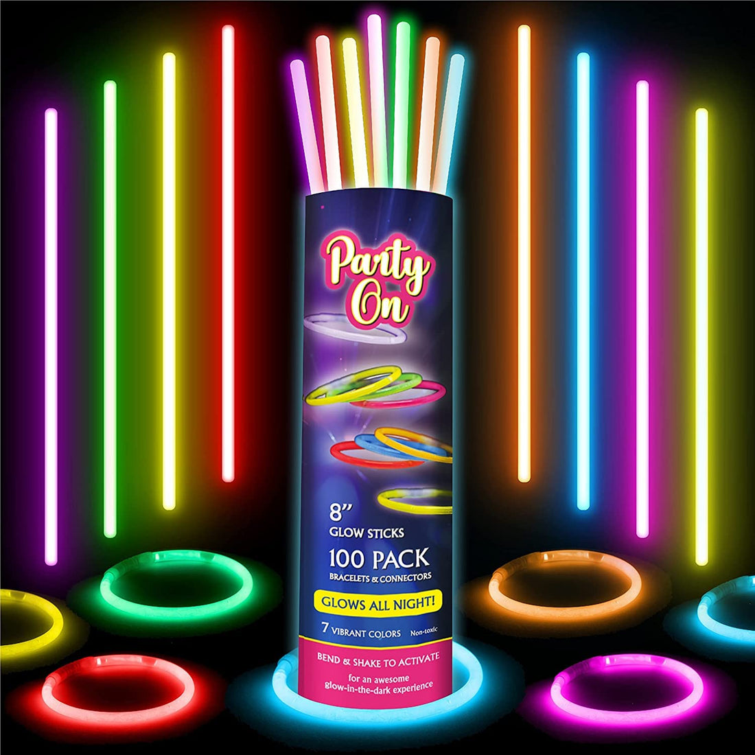 Wanna Party Glow Sticks Bulk Party Supplies. 100 Pack. 8 Inch Glow in the Dark Sticks, Light Up Party Favors. Neon Glow Bracelets and Glow Necklaces with Connectors. Glow Party Decorations