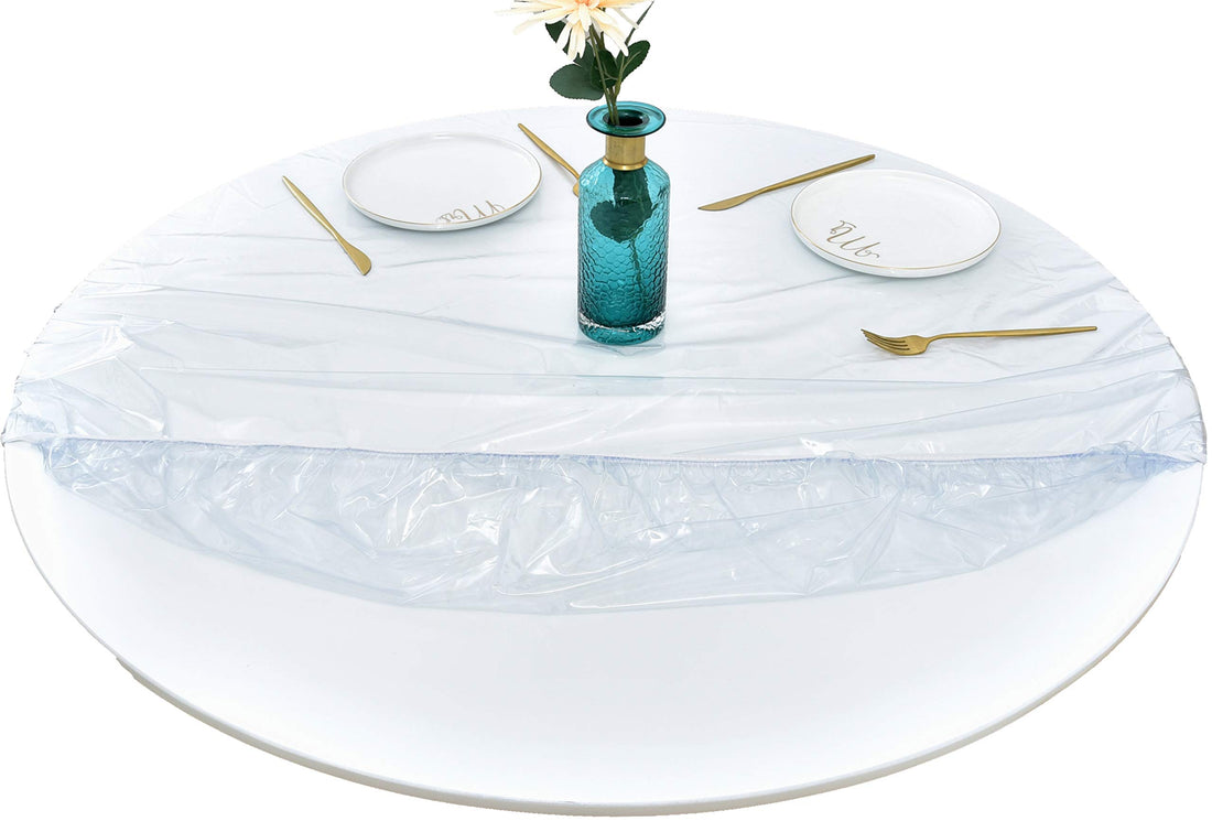 Rally Home Goods Indoor Outdoor Heavy Duty Premium Clear Transparent Round Fitted Vinyl Tablecloth, Elastic Edge, Waterproof Wipeable, Fine Table Plastic Protector of 57-65 Inch Diam (60'')