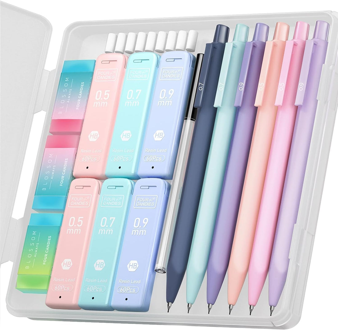 Four Candies Cute Mechanical Pencil Set, 6PCS Pastel Mechanical Pencils 0.5 mm & 0.7mm & 0.9mm with 360PCS Leads,3PCS Erasers and 9PCS Eraser Refills, Aesthetic Mechanical Pencils for Girls Writing