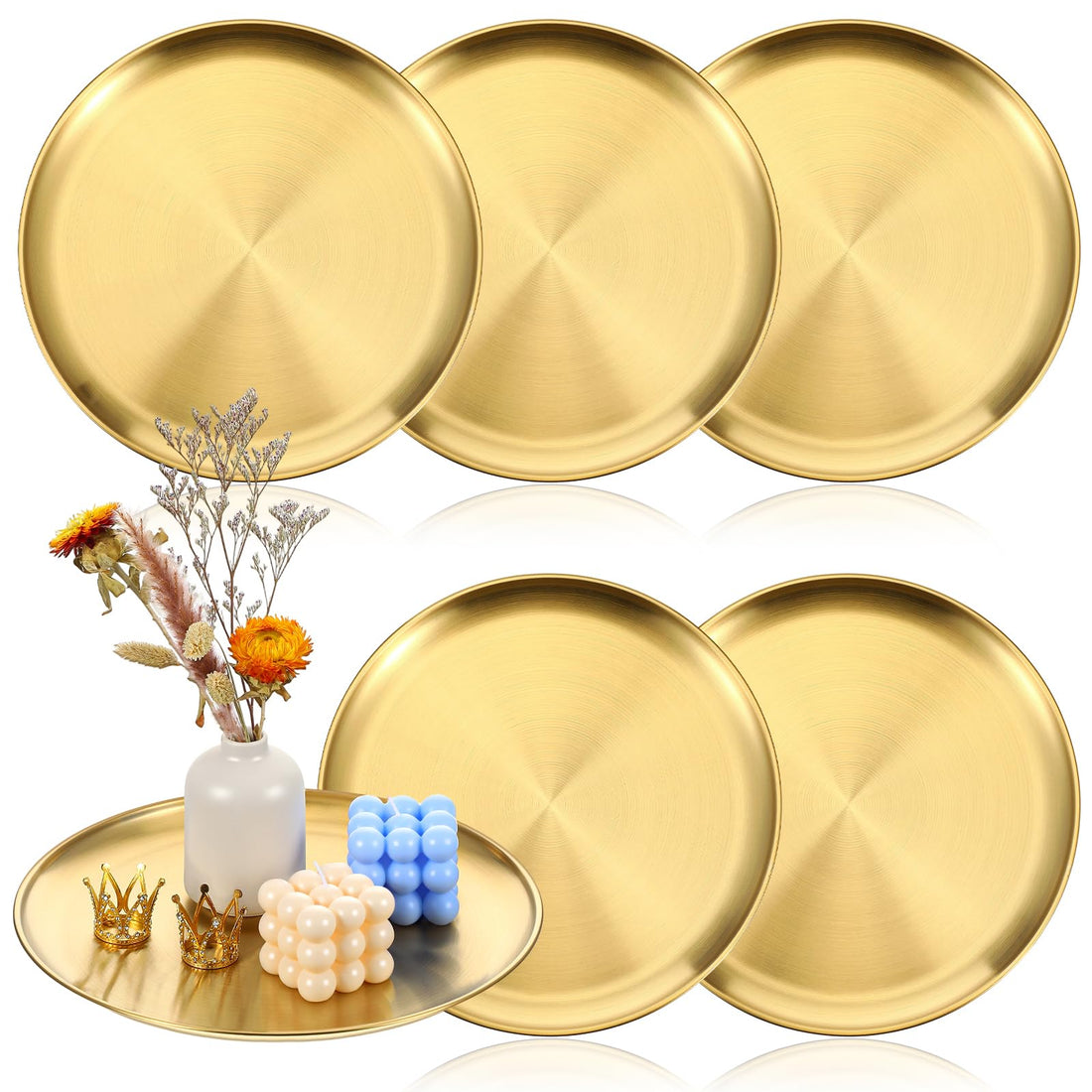 Molain 6 Pcs Gold Serving Trays, 12 Inch Stainless Steel Round Decorative Serving Table Food Circle Tray for Coffee Bar Home Bathroom Candle Wedding Party Makeup Organizer Perfume Countertop