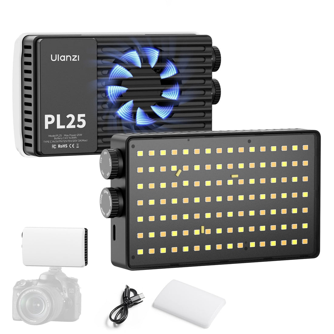 ULANZI PL25 Video Light, 25W LED Camera Light Mini Panel Bi-Color for DSLR Photography, 3200Lux, CRI≥96 2700K-6500K, 2000mAh Rechargeable Portable On-Camera Lighting for Photo, Video, YouTube, Vlog