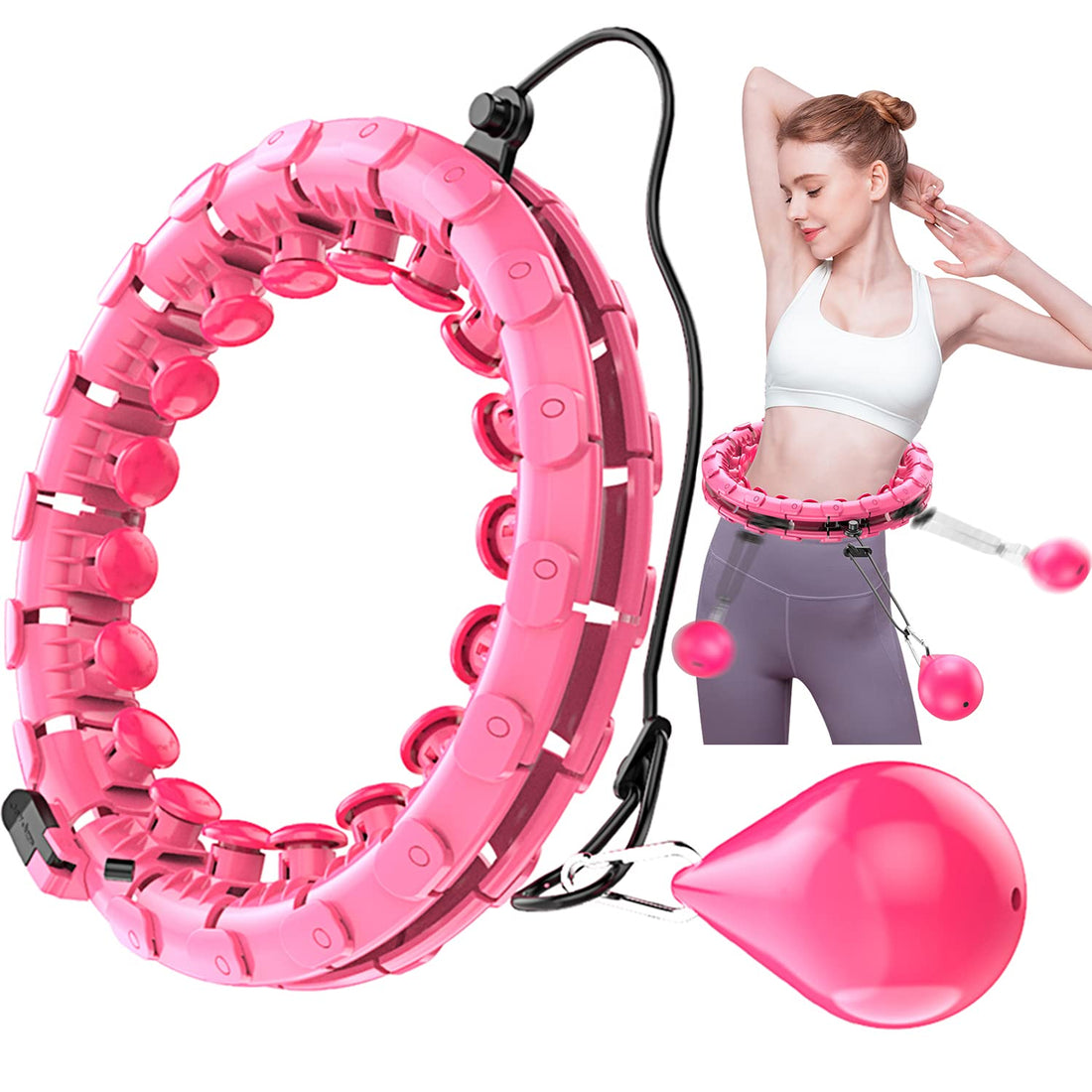 LEAFIA Smart Hula Hoop, Detachable 24 Sections and Adjustable Soft Tire Massage, No Falling, for Adults, kids, Beginners, Children, Fitness, Massage, Weight Loss, Exercise, Weighted, Sports (Pink)