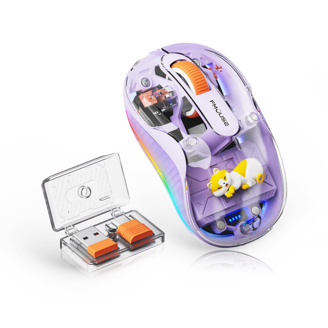 FMOUSE Cute Wireless Mouse Bluetooth Rechargeable, 2.4G & Dual BT Silent Computer Mouse with RGB Light, 4 Adjustable DPI, Purple Transparent Shell Figurine Design with Cat Doll for Laptop PC MacBook