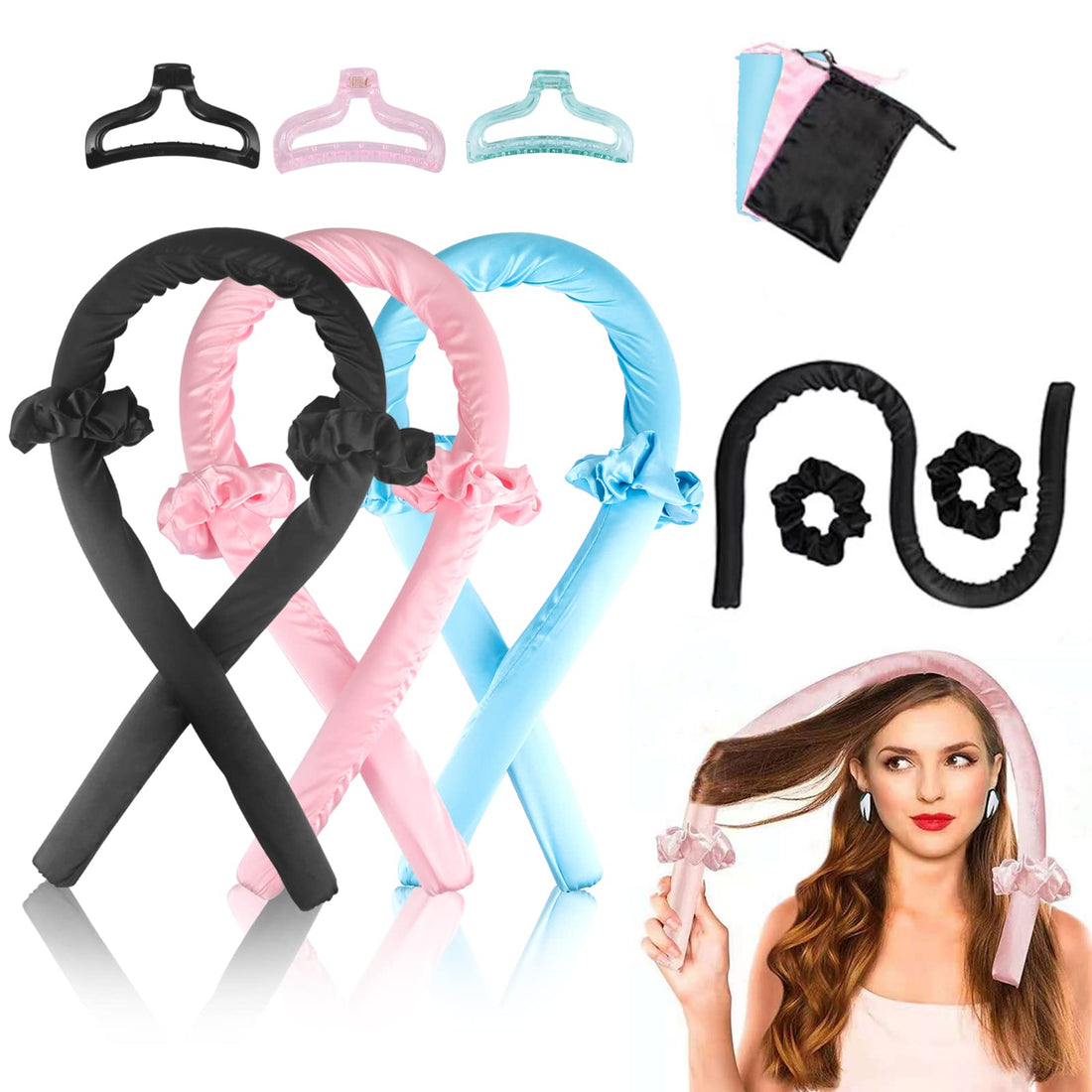 3 Pack Heatless Hair Curler - Hair Curlers Rollers Heatless Curling Rod Headband For Long Hair Curls No Heat Curling Ribbon Hair Roller Kit Bow Tools (black & pink & blue)