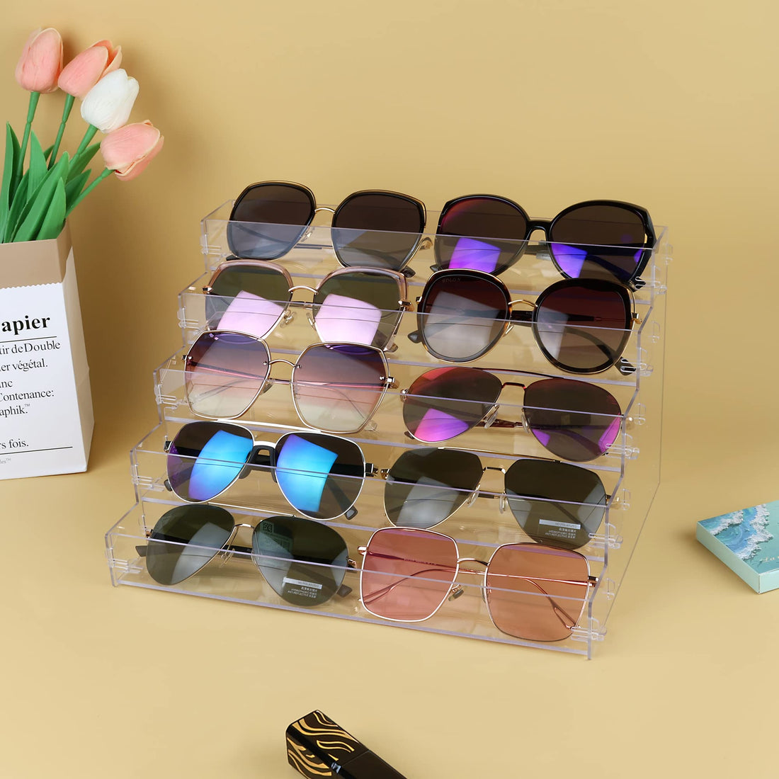 BEST MEDIA Acrylic 5-Tier Sunglasses Organizer, Clear Countertop Display Stand for Eyewear, Nail Polish, Makeup, or Essential Oils, Tool-Free Assembly, Shelf Storage for Home or Retail Use, Clear