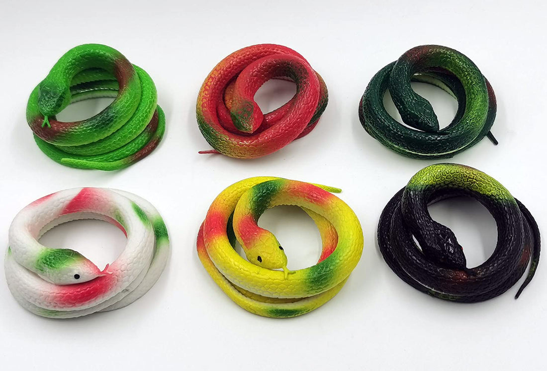 6Pack Realistic Rubber Snakes, Fake Snake Black Snake Toys for Garden Props to Keep Birds Away, Pranks, Halloween Decoration 29 Inch (Round Snake)