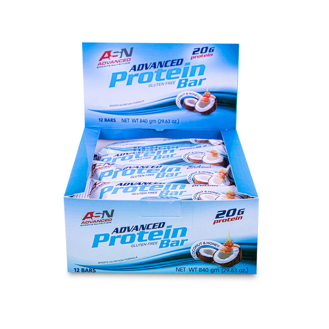Advanced sports nutrition (asn) | advanced protein bar | coconut | 12 bars | 20g protein | whey protein | milk protein | soy protein | low carb | low sugar | zero fat | gluten-free