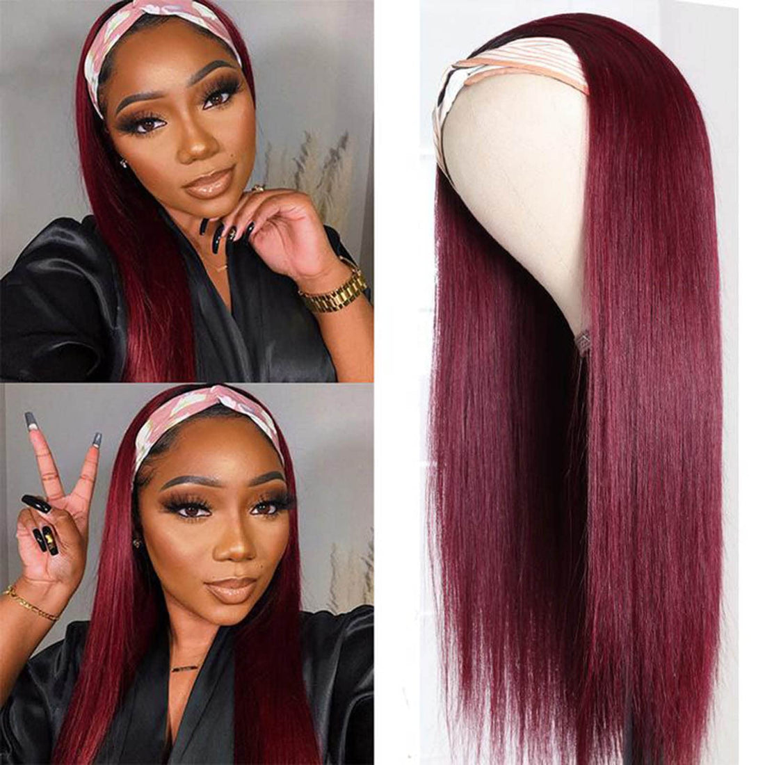 ECIF Straight Headband Wigs For Women Burgundy Glueless Synthetic Headband Wig Heat Resistant Fiber Natural Looking