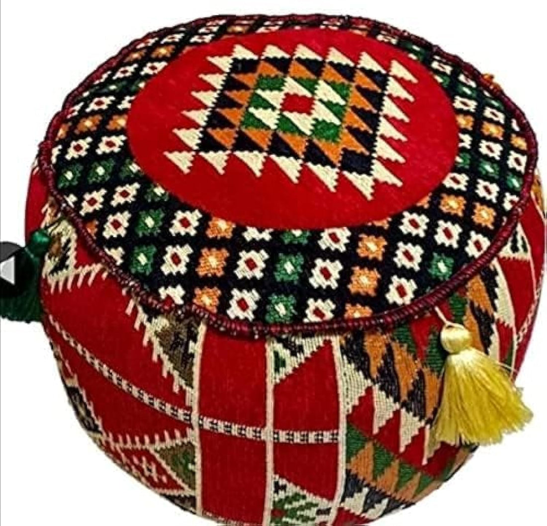 Sahara Arabian Fabric Pouf (Red) - Stylish Decorative for Living Room, Bedroom, and Lounge (Round)