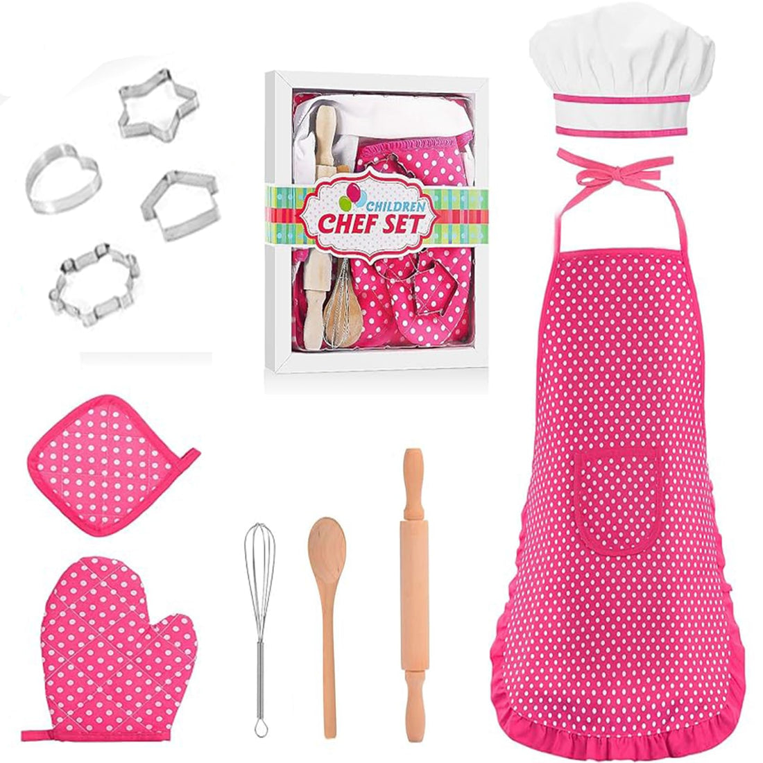 Kids Cooking Baking Set 11 Pcs, Kids Chef Role Play Costume Set - Chef Hat and Matching Pink Apron Children Dress up Pretend Gift for 3 4 5 6 7 8 Year-Old Girls Toys