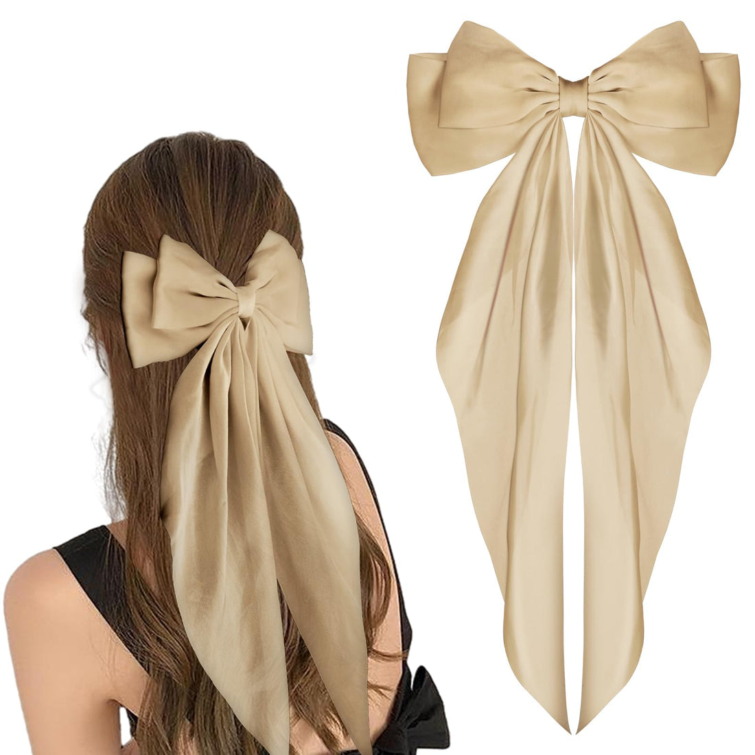 WLLHYF Hair Clips with Large Bow Long Tail French Ribbon Hairpins Soft Silky Satin Barrette Metal Bow Knot Clips 90s Accessories for Women Girls (Khaki)