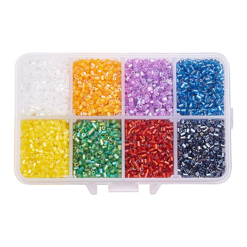 PandaHall Elite About 14400 Pcs 11/0 Transparent Glass Bugle Seed Beads 8 Colors Tube Space Bead Diameter 2.2mm for Jewelry Making