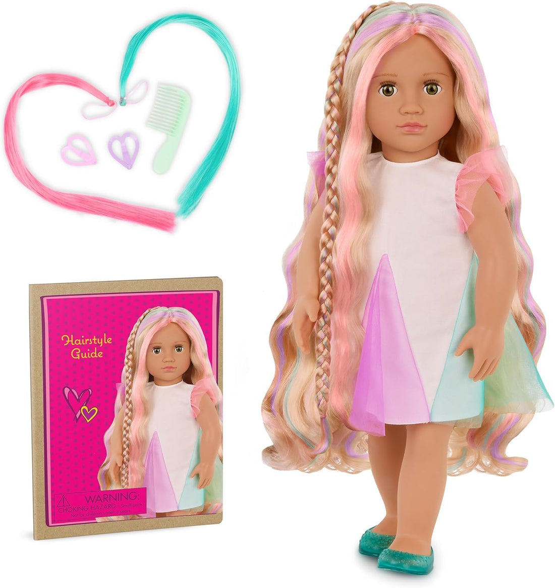 Our Generation – 18-inch Hair Grow Doll – Lifelike Hazel Eyes & Ultra-Long Rainbow Hair – Extendable Braid & Styling Accessories – Pretend Play – Toys for Kids Ages 3 Years Old & Up – Tessie