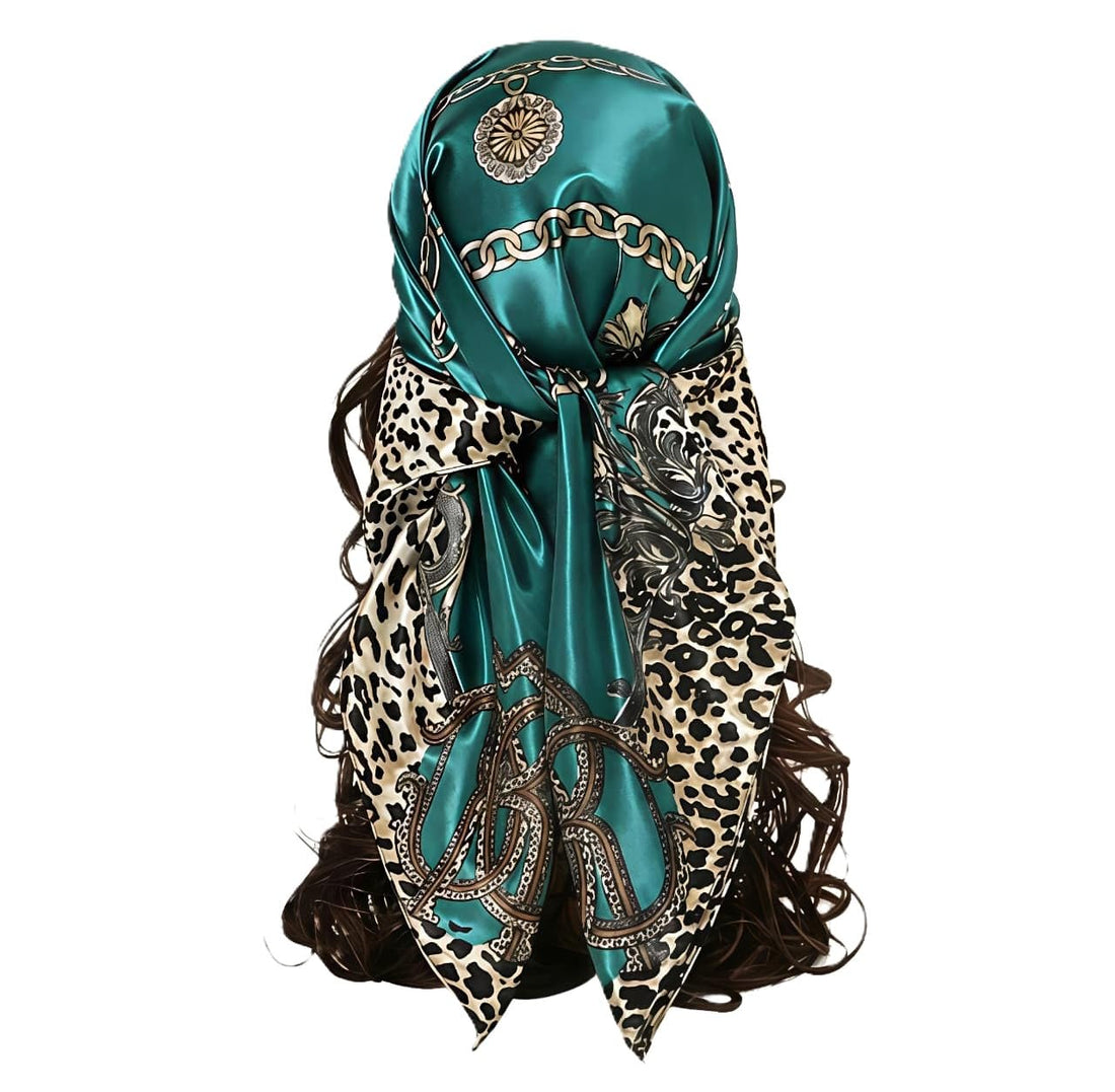 1 Piece Women Square Leopard Print Satin Chain Head Scarf