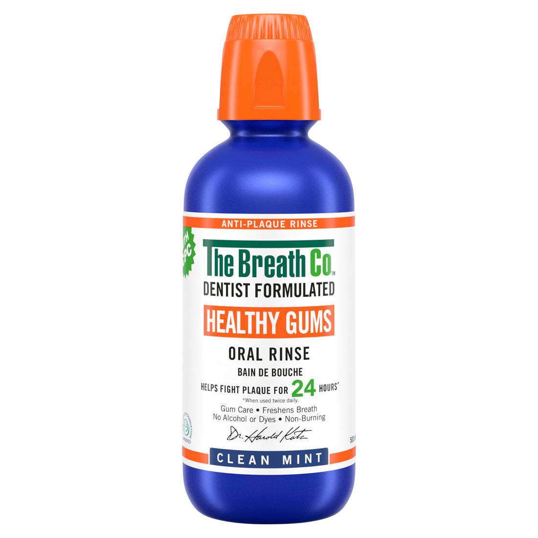 The Breath Co. Healthy Gums Mouthwash, Dentist Formulated Oral Rinse for 24 Hours of Plaque Control with Anti-Microbial Ingredient, Alcohol Free, Non-Burning, 500ml