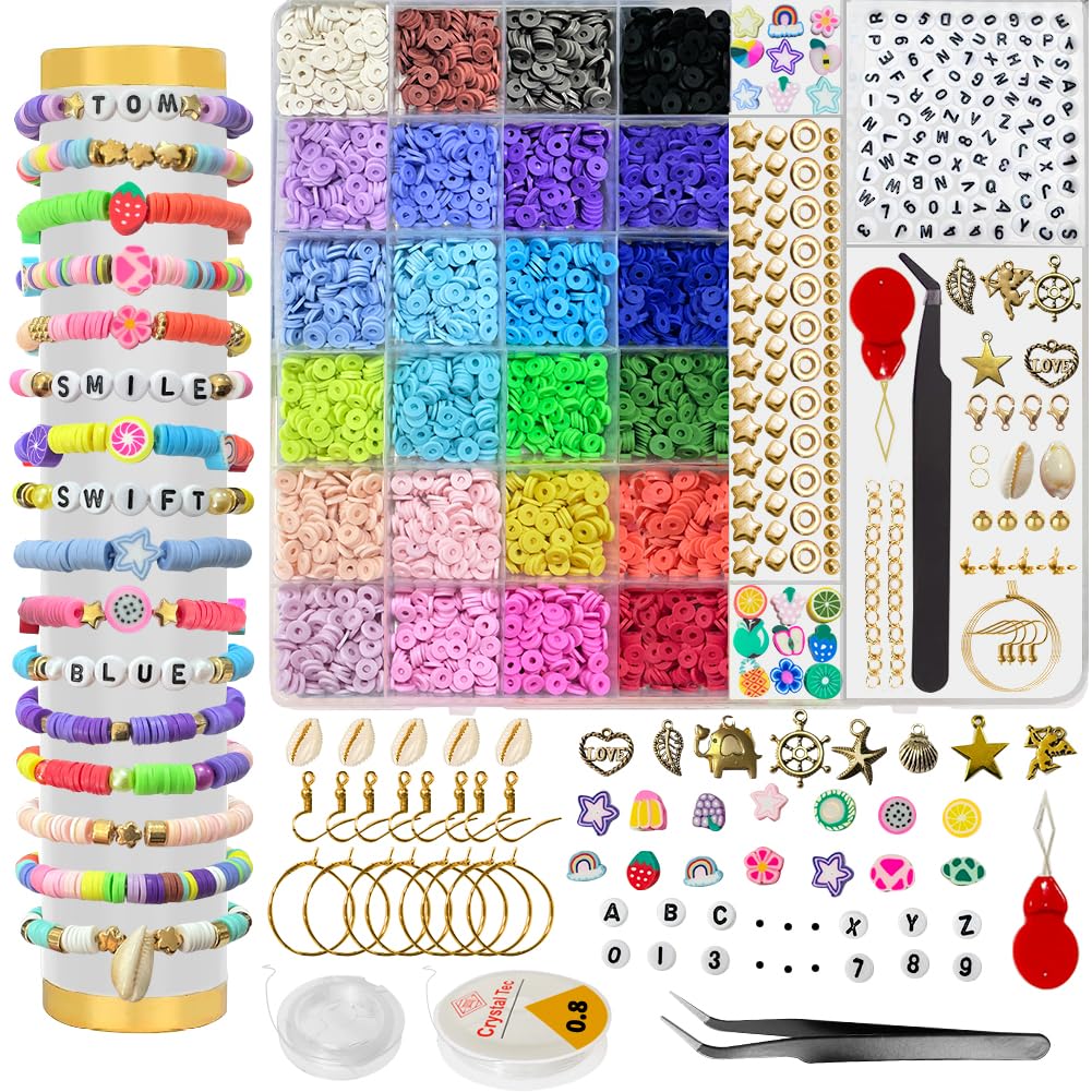 6000 Pcs Clay Beads Bracelet Making Kit, 24 Colors Friendship Bracelet Making Kit Flat Round Polymer Clay Beads Spacer Heishi Beads for Jewelry Earrings Making with Pendant Charms Kit for Girls Adults