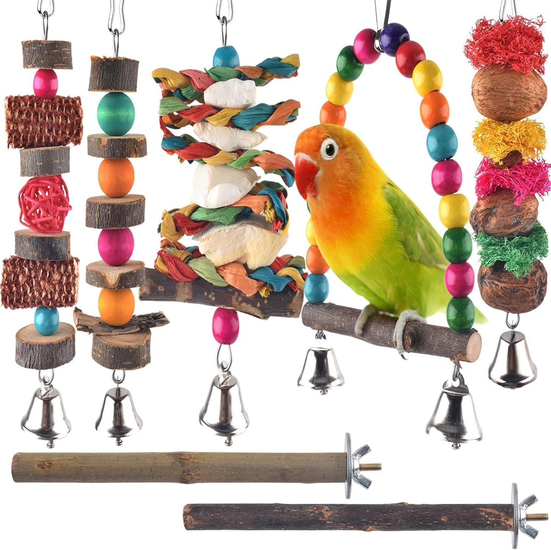 Bird Chew Toys, 7 Packs Parakeet Natural Wood Toys Parrot Hanging Cage Toy Bird Perch Stand for Small Bird Conure Cockatiel Parrotlet Lovebird Budgie
