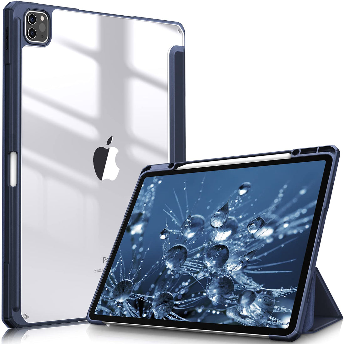 FINTIE Hybrid Case Compatible with iPad Pro 12.9 inch (2022/2021/2020/2018, 6th/5th/4th/3rd Generation) - Shockproof Clear Back Cover with Pencil Holder, Auto Wake/Sleep, Navy
