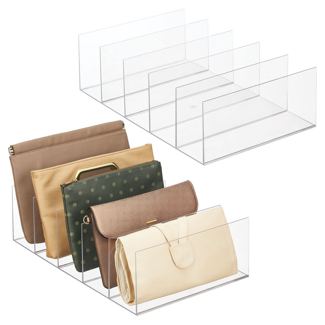 BEST MEDIA 2-Pack Transparent Plastic Handbag Organizer Tray, a 5-Compartment Storage for Clutches, Wallets, and Card Pouches for closets- Modern - 2-Pack - Transparent