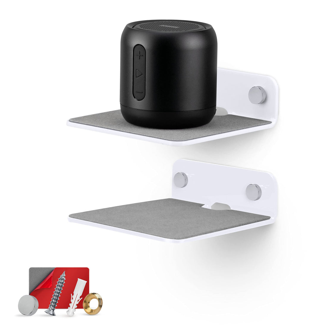 2-Pack 4” Small Floating Shelf Bluetooth Speaker Stand, Adhesive & Screw Wall Mount, Anti Slip, for Cameras, Baby Monitors, Webcam, Router & More, Universal Holder by Brainwavz (SHELF11 White)