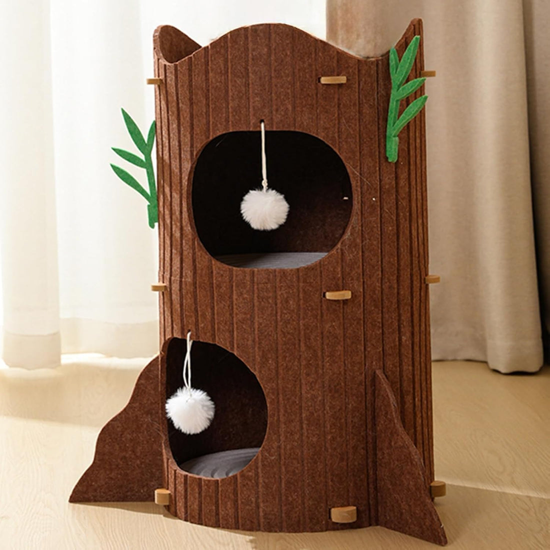 Cat Tower, 2 Tier Tree Stump Design, Brown, 65cm Height, 60cm Base, with 2 Plush Balls and Decorative Branches