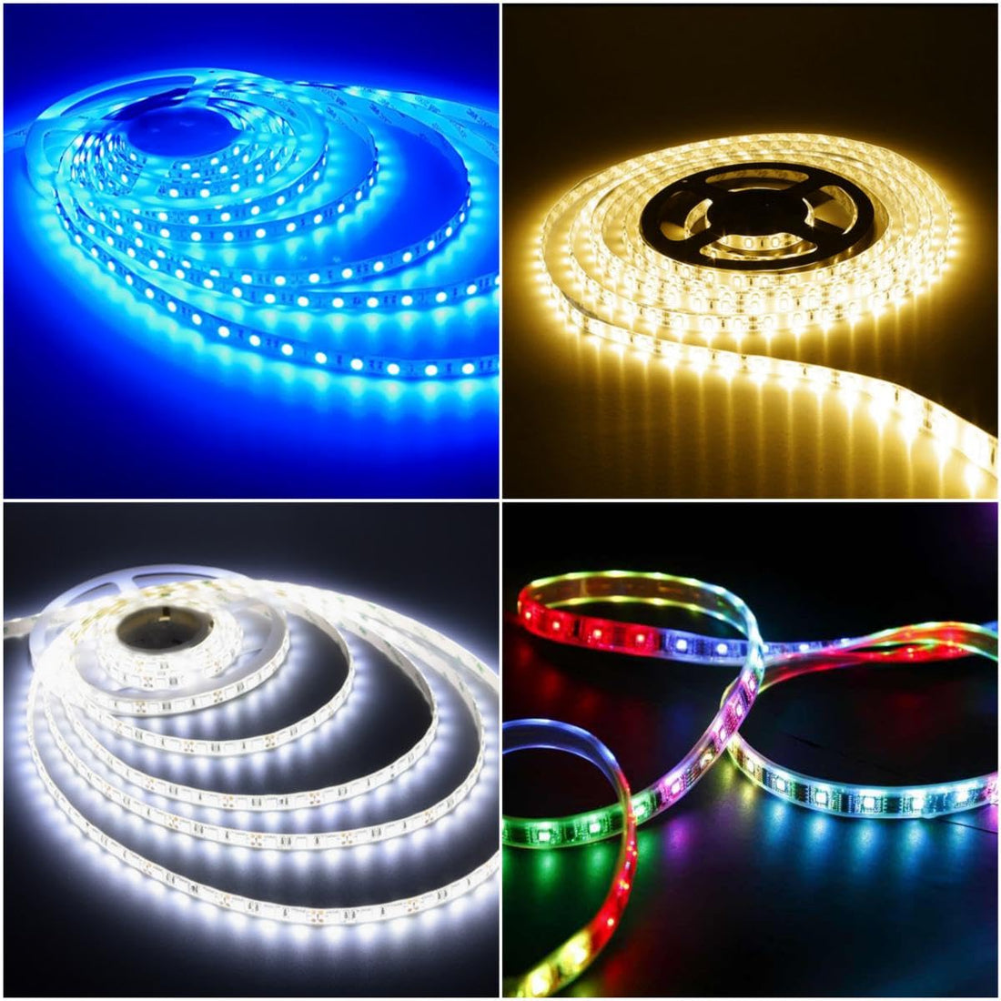 مجموعة إضاءة ليد تتكون من 4 قطع شريط اضاءة LED مقاوم للماء مع فيشة كهربائية لكل قطعة و بطول 2 متر و تشمل ألوان إضاءة وورم و أزرق و أبيض و متعدد أر جي بى بزرار تحكم للإضاءة