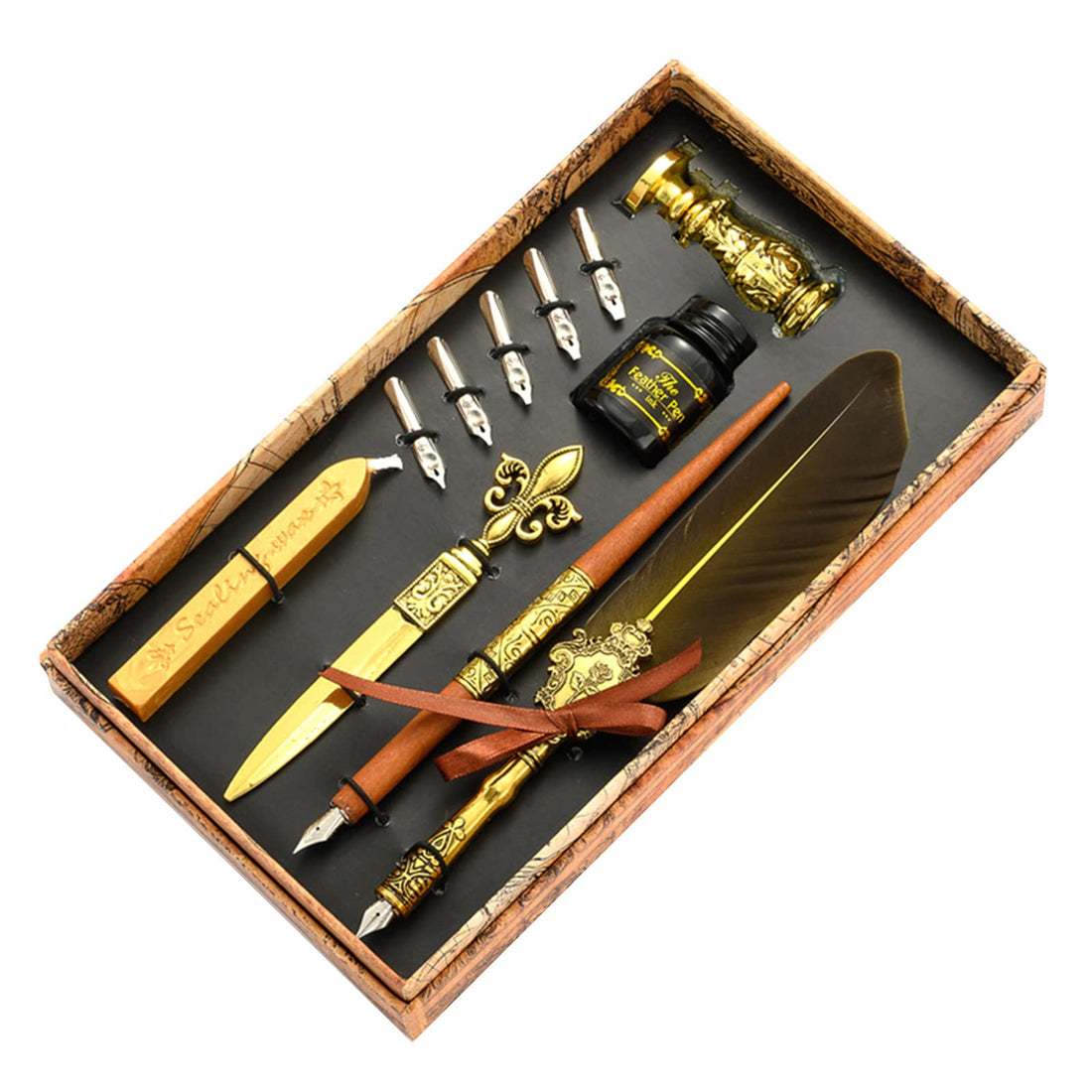VolksRose Quill Pen and Ink Set, Calligraphy Feather Pen and Ink Set, Includes Dip Pen, 17 Replaceable Nib, Ink, Wax Seal Stamp, Wax Seal Stick, Envelope Opening Tool, Calligraphy Writing Pen Set Gift