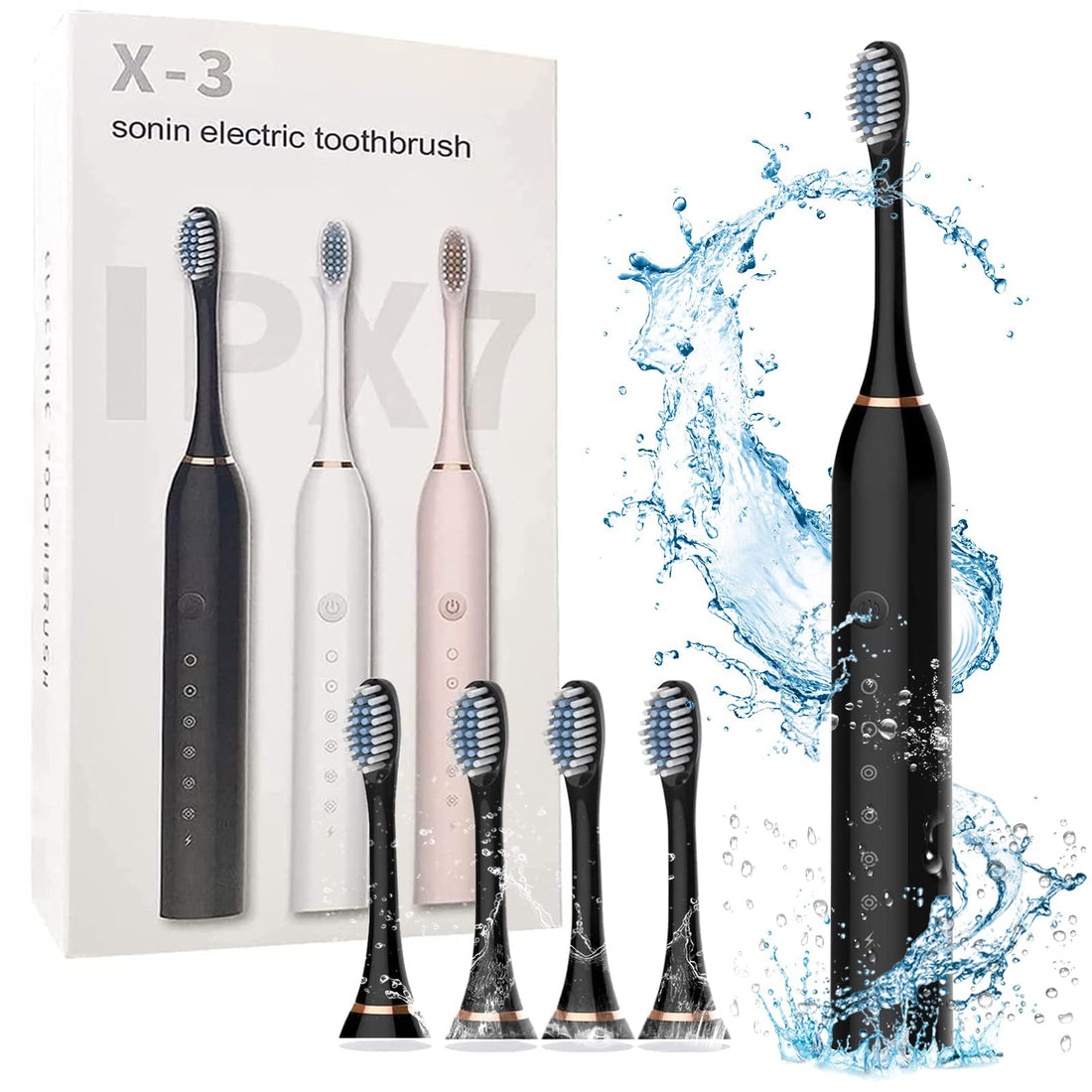 Sonic Electric Toothbrush, Necomi Rechargeable Power Toothbrush, 2 Minutes Smart Timer, with 4 Brush Heads 6 Cleaning Modes IPX7 Waterproof Cleaning Toothbrushes for Adults and Kids(Black)