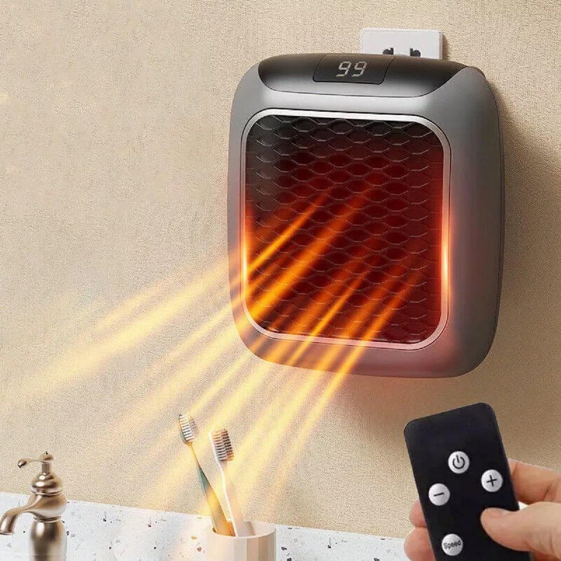 OWME Electric New Handy Heater Turbo Wall-Outlet 800 Watts with Temperature Control Remote| Mini Heater, Portable Heater| Mini Heater for Bedroom (Office Work Room, Bathrooms, Rooms) - CREZO GREY