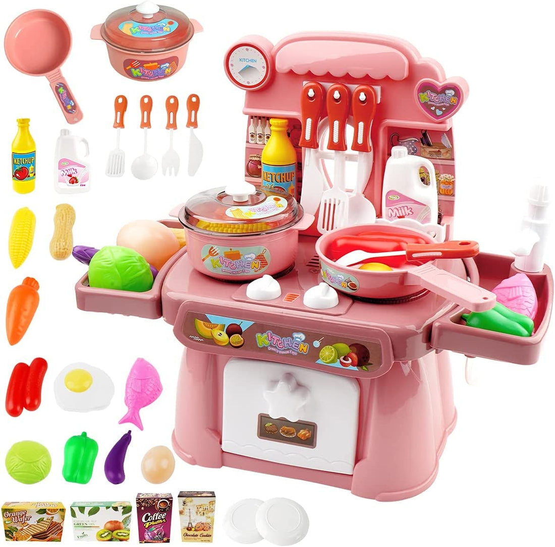 Generic Kitchen Toys Imitated Chef Light Music Pretend Cooking Food Play Dinnerware Set Safe Cute Children Girl Toy Gift Fun Game Toy Kitchen Sink with Running Water and Electronic Induction Stove