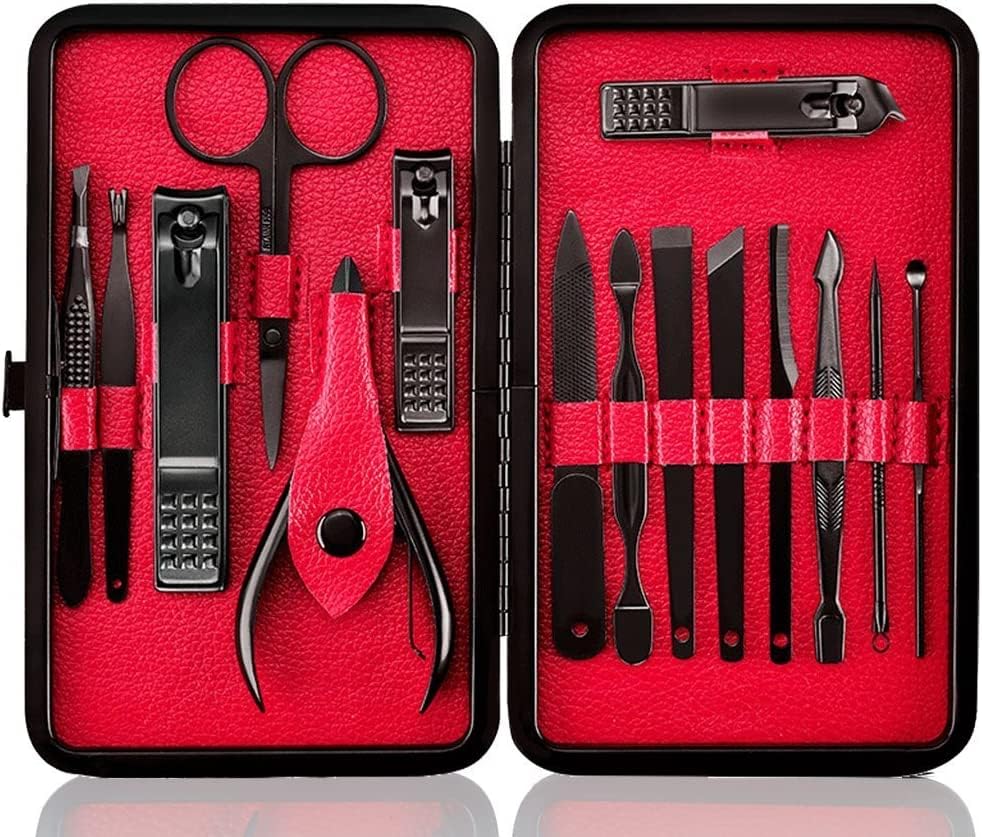 15 Pcs Grooming Kit Nail File Tweezers Black Leather Case Red Black