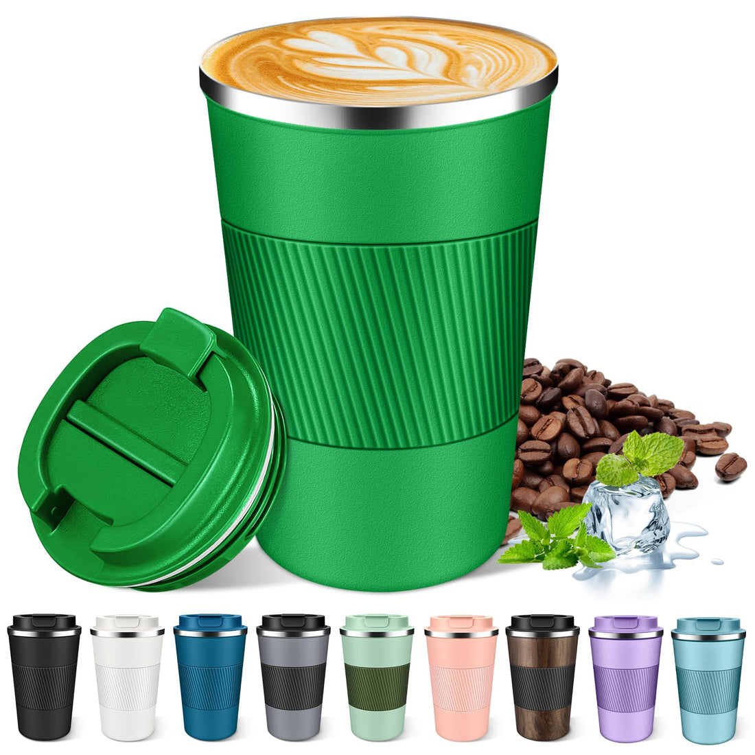 YUTGSMPO Insulated Coffee Mug 12oz & 17oz, Leakproof Coffee Cup with Lid, Thermal Coffee Tumbler Stainless Steel Reusable Coffee Mug Keep Cold and Hot Gift for Men Women (Grassy Green, 12oz)