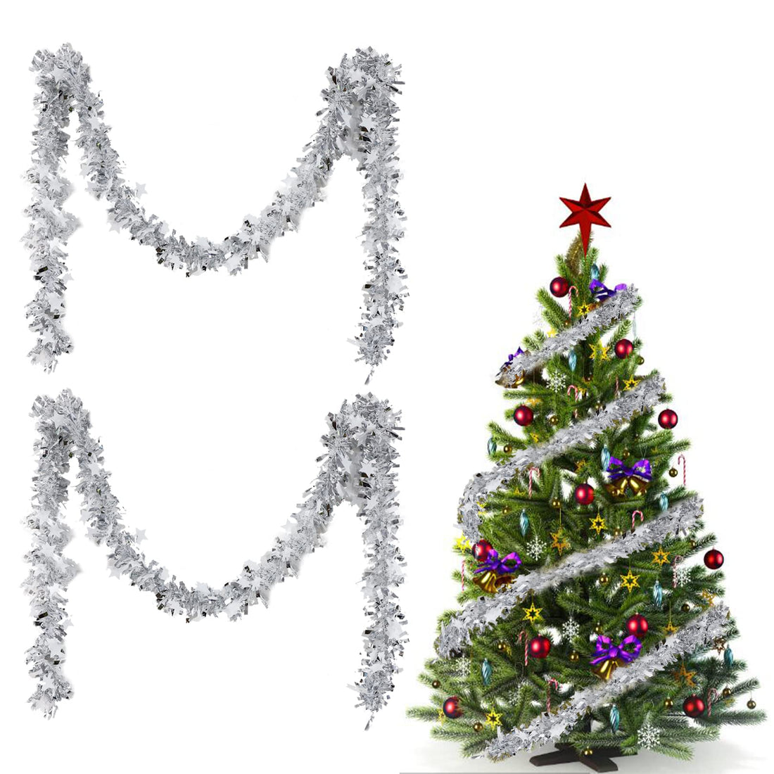 Rowwait 4M Christmas tinsel garland with Star, Shiny Garland Metallic Christmas Tree Garland Tinsel Garlands Christmas Tree Decorations for Home Office Xmas Party Christmas Tree Decorations(Silver)