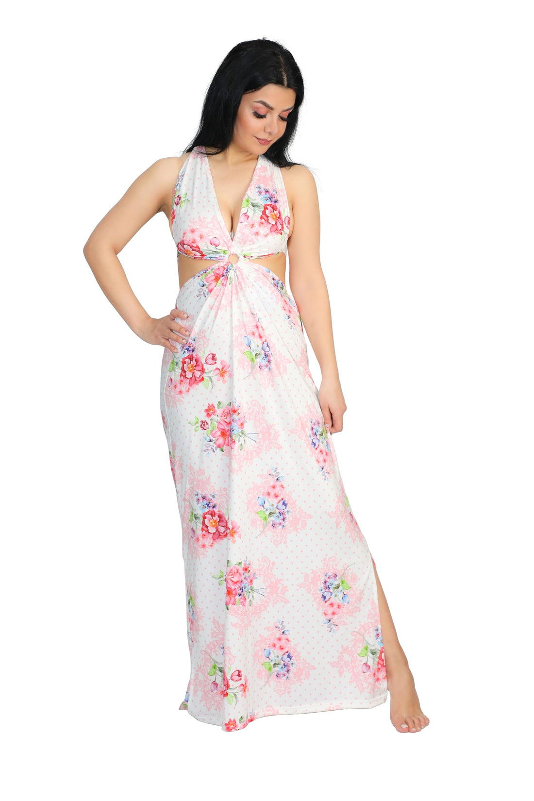 Women's Maxi Dress with Open Waist Polyester Floral Print Long Nightgown Sleeveless Embroidered Nightgown for Women/Summer Dress Nightwear/Soft Fabric