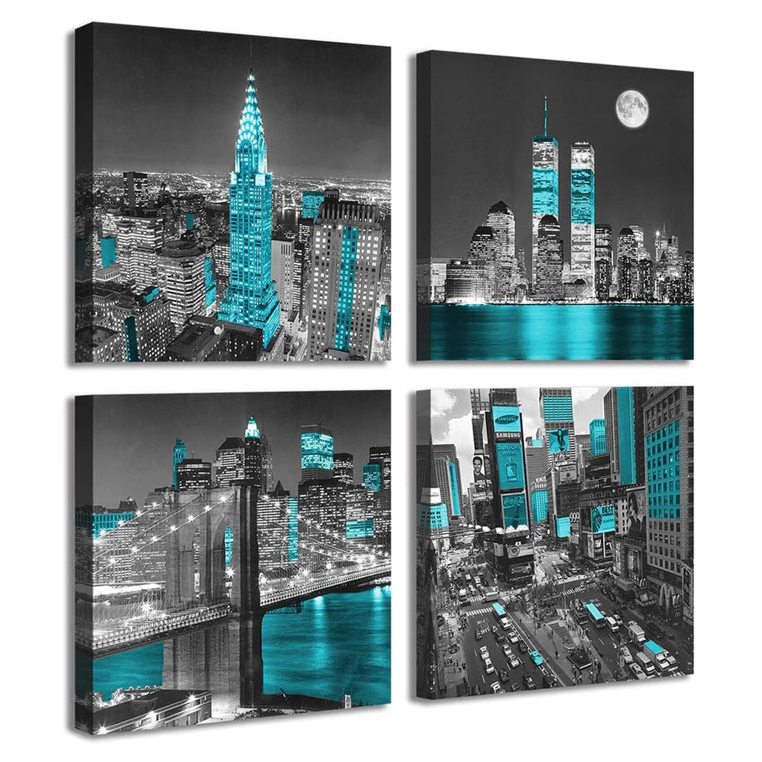 New York City Canvas Wall Art Print Black and White Brooklyn Bridge,Blue Empire State Building Wall Art Night Scene Modern Giclee Artwork for Office Home Decor 12x 12 inch
