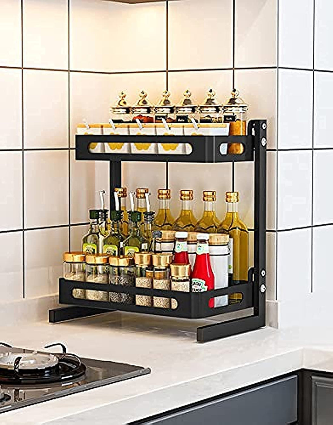 Belvery Stainless Steel Seasoning Organizer Spice Rack With Baking Paint 2 Tiers Metal Stand Large Kitchen Organizer For Countertop