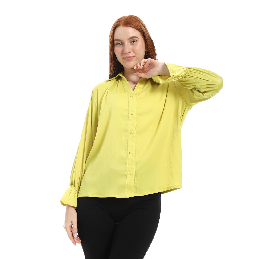 Women's Satin Blouse, Long Puff Sleeves, Button-Down, Collared, Relaxed Fit