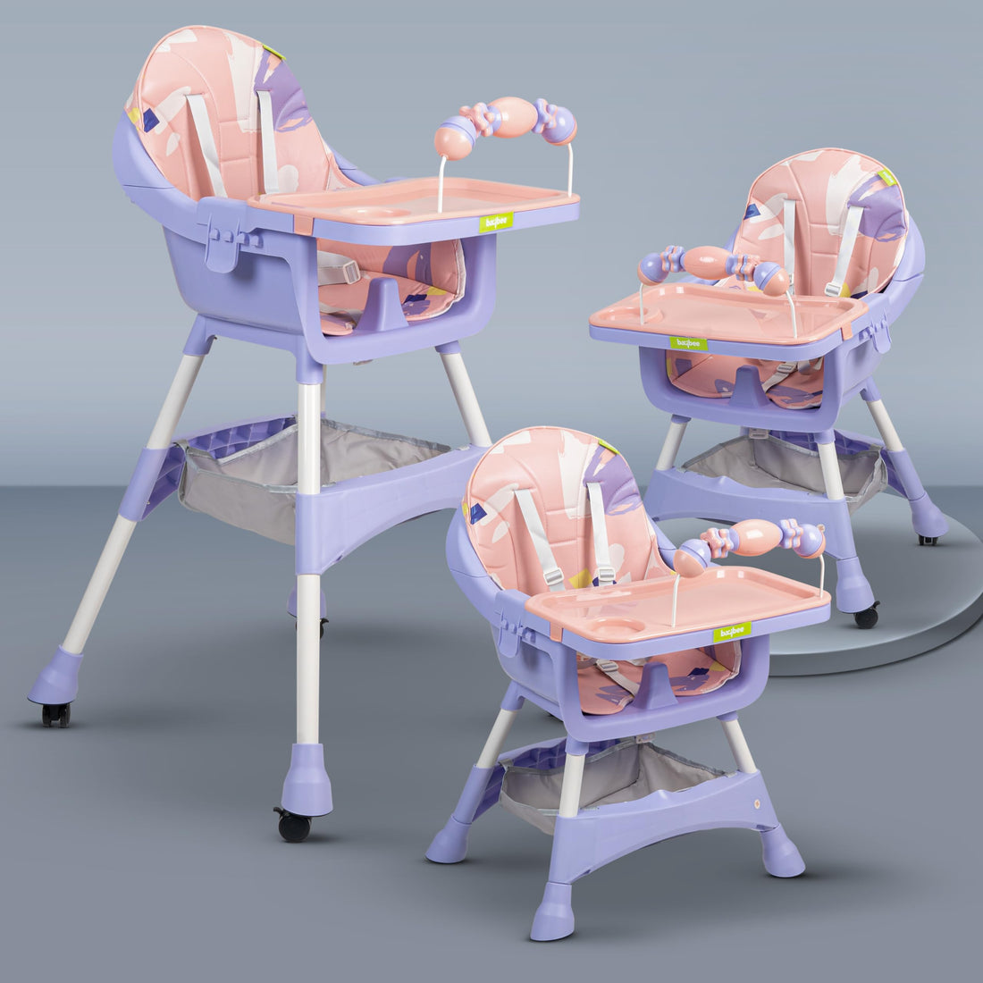 Baybee Grozza Convertible Baby High Chair for Kids with Adjustable Height and Footrest, Baby Feeding Booster Seat with Tray, Wheels, Safety Belt and Cushion For Toddler 6 Months to 4 Years (Pink)
