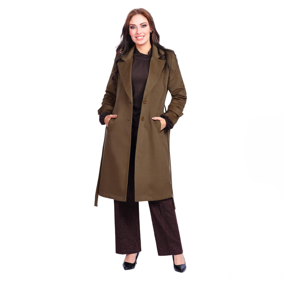 Fully Lined Classic Long Wool Coat With Belt